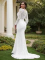 Sheath/Column Lace Hand-Made Flower V-neck Long Sleeves Sweep Train Wedding Dresses