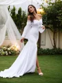 Sheath/Column Stretch Crepe Ruched Off-the-Shoulder Long Sleeves Sweep Train Wedding Dresses