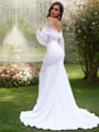 Sheath/Column Stretch Crepe Ruched Off-the-Shoulder Long Sleeves Sweep Train Wedding Dresses
