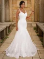 Trumpet/Mermaid Lace Applique V-neck Sleeveless Sweep Train Wedding Dresses
