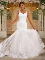 Trumpet/Mermaid Lace Applique V-neck Sleeveless Sweep Train Wedding Dresses