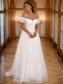A-Line/Princess Lace Applique Off-the-Shoulder Short Sleeves Sweep Train Wedding Dresses