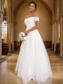 A-Line/Princess Lace Applique Off-the-Shoulder Short Sleeves Sweep Train Wedding Dresses