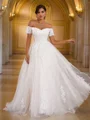 A-Line/Princess Lace Applique Off-the-Shoulder Short Sleeves Sweep Train Wedding Dresses