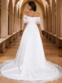 A-Line/Princess Tulle Ruched Off-the-Shoulder Sleeveless Sweep Train Wedding Dresses