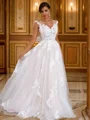 A-Line/Princess Lace Applique V-neck Sleeveless Sweep Train Wedding Dresses