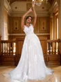 A-Line/Princess Lace Applique V-neck Sleeveless Sweep Train Wedding Dresses