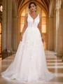 A-Line/Princess Lace Applique V-neck Sleeveless Sweep Train Wedding Dresses