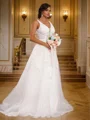 A-Line/Princess Lace Applique V-neck Sleeveless Sweep Train Wedding Dresses