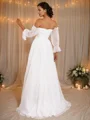 A-Line/Princess 30D Chiffon Ruched Off-the-Shoulder Long Sleeves Sweep Train Wedding Dresses