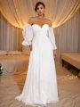 A-Line/Princess 30D Chiffon Ruched Off-the-Shoulder Long Sleeves Sweep Train Wedding Dresses