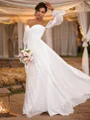 A-Line/Princess 30D Chiffon Ruched Off-the-Shoulder Long Sleeves Sweep Train Wedding Dresses