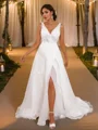 A-Line/Princess Satin Applique V-neck Sleeveless Sweep Train Wedding Dresses