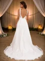 A-Line/Princess Satin Applique V-neck Sleeveless Sweep Train Wedding Dresses
