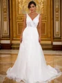A-Line/Princess Satin Applique V-neck Sleeveless Sweep Train Wedding Dresses