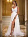 A-Line/Princess Satin Applique V-neck Sleeveless Sweep Train Wedding Dresses