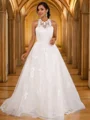 A-Line/Princess Lace Applique Scoop Sleeveless Sweep Train Wedding Dresses
