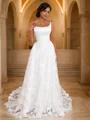 A-Line/Princess Lace Applique Spaghetti Straps Sleeveless Sweep Train Wedding Dresses