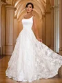 A-Line/Princess Lace Applique Spaghetti Straps Sleeveless Sweep Train Wedding Dresses