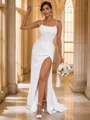 Sheath/Column Stretch Crepe Ruched Spaghetti Straps Sleeveless Sweep Train Wedding Dresses