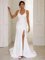 Sheath/Column Stretch Crepe Bowknot V-neck Sleeveless Sweep Train Wedding Dresses
