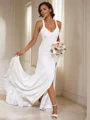 Sheath/Column Stretch Crepe Bowknot V-neck Sleeveless Sweep Train Wedding Dresses