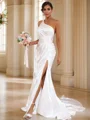 Sheath/Column Satin Ruched One-Shoulder Sleeveless Sweep Train Wedding Dresses