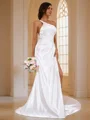Sheath/Column Satin Ruched One-Shoulder Sleeveless Sweep Train Wedding Dresses