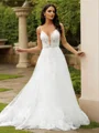 A-Line/Princess Tulle Applique V-neck Sleeveless Court Train Wedding Dresses