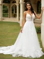 A-Line/Princess Tulle Applique V-neck Sleeveless Court Train Wedding Dresses