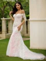 Sheath/Column Lace Off-the-Shoulder Long Sleeves Court Train Wedding Dresses