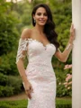 Sheath/Column Lace Off-the-Shoulder Long Sleeves Court Train Wedding Dresses