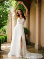A-Line/Princess Chiffon Lace V-neck Sleeveless Court Train Wedding Dresses