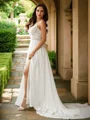 A-Line/Princess Chiffon Lace V-neck Sleeveless Court Train Wedding Dresses