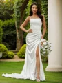 Sheath/Column Ruched Spaghetti Straps Sleeveless Court Train Wedding Dresses