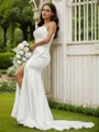 Sheath/Column Ruched Spaghetti Straps Sleeveless Court Train Wedding Dresses