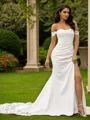 Sheath/Column Stretch Crepe Lace Off-the-Shoulder Sleeveless Court Train Wedding Dresses