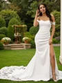 Sheath/Column Stretch Crepe Lace Off-the-Shoulder Sleeveless Court Train Wedding Dresses