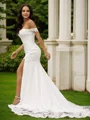 Sheath/Column Stretch Crepe Lace Off-the-Shoulder Sleeveless Court Train Wedding Dresses