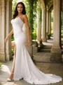 Sheath/Column Stretch Crepe Lace V-neck Sleeveless Sweep Train Wedding Dresses