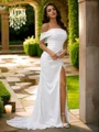Sheath/Column Charmeuse Ruched Off-the-Shoulder Sleeveless Sweep Train Wedding Dresses