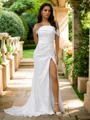 Sheath/Column Charmeuse Ruched Off-the-Shoulder Sleeveless Sweep Train Wedding Dresses