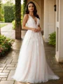 A-Line/Princess Tulle Applique Scoop Sleeveless Sweep Train Wedding Dresses