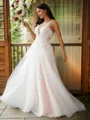 A-Line/Princess Tulle Applique Scoop Sleeveless Sweep Train Wedding Dresses