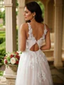 A-Line/Princess Tulle Applique Scoop Sleeveless Sweep Train Wedding Dresses