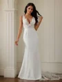Sheath/Column Stretch Crepe Lace V-neck Sleeveless Sweep Train Wedding Dresses