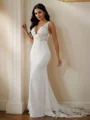Sheath/Column Stretch Crepe Lace V-neck Sleeveless Sweep Train Wedding Dresses