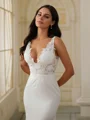 Sheath/Column Stretch Crepe Lace V-neck Sleeveless Sweep Train Wedding Dresses