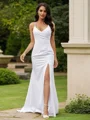 Sheath/Column Stretch Crepe Ruched V-neck Sleeveless Sweep Train Wedding Dresses
