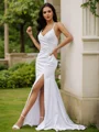 Sheath/Column Stretch Crepe Ruched V-neck Sleeveless Sweep Train Wedding Dresses